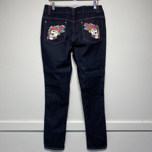 NWT MKM Designs Black Y2K Style Skull Floral Skinny Mid Rise Jeans Size 13 - Picture 5 of 11